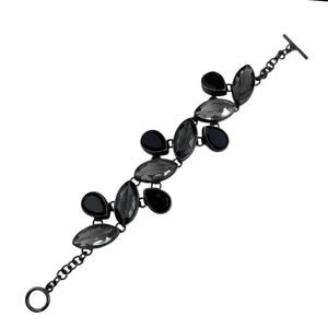 Vintage Black & Light Gray Glass Sterling Silver Bracelet 6.75" Toggle Clasp